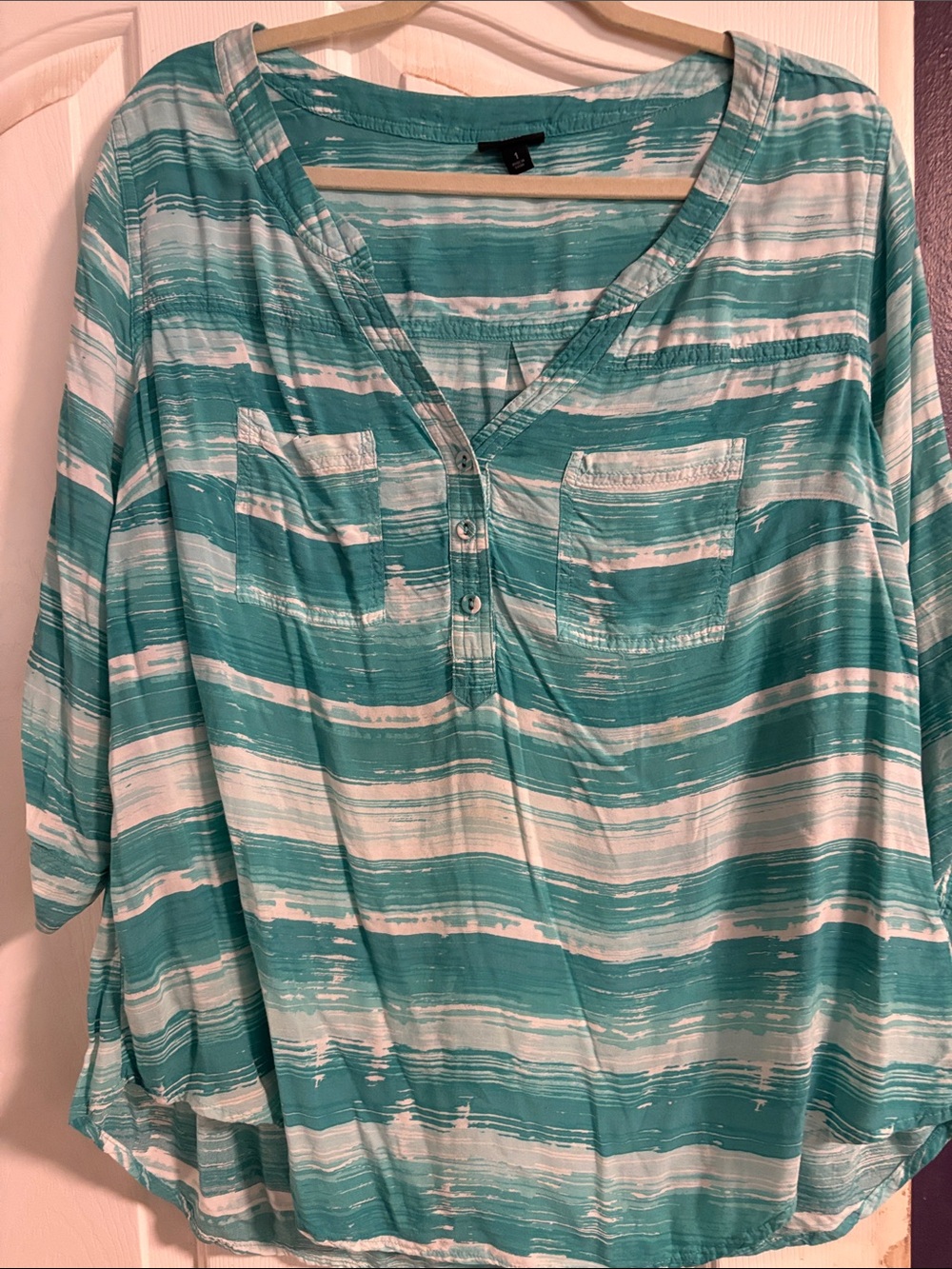torrid Teal & White Striped V-Neck Henley Tunic